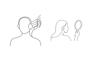 Line art illustration depicting listening to music and looking in a hand mirror on white background