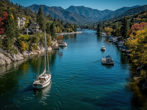 California: Scenic view of Lake Arrowhead with mountains and boats - Powered by Adobe