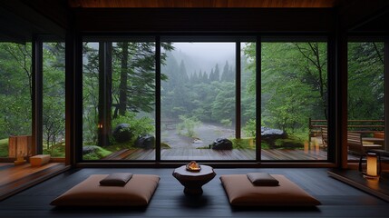 Tranquil rain forest cabin interior