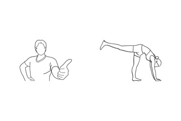 Line drawing of a person giving a thumbs up and a woman doing a yoga pose