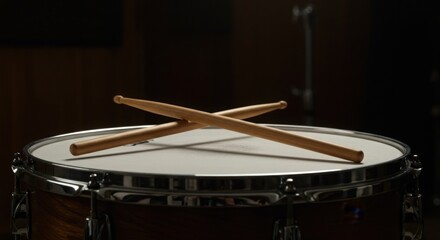 Obraz premium Drumsticks crossed on snare drum in dimly lit studio