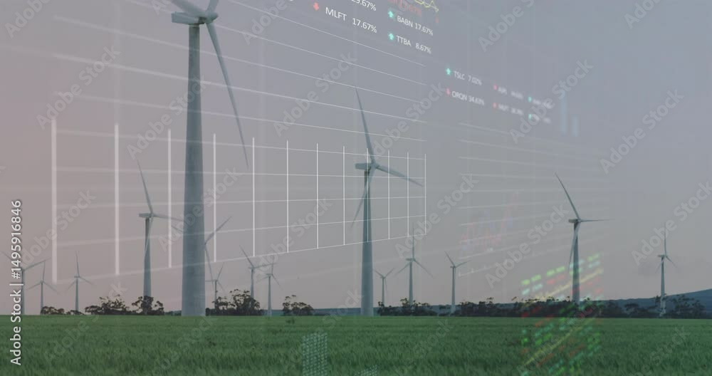 Poster turbines standing while grid fading, percentages appearing, line rising, dipping, visualizing data