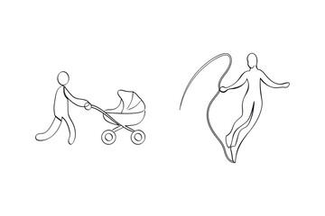 Black and white illustration depicts a parent pushing a stroller and a person with a jump rope.