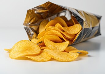 Potato chips spilling from an open bag isolated on white background