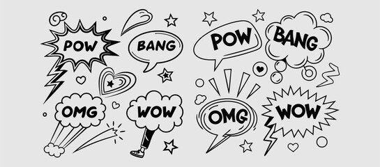 Comic boom cartoon effect line element set. Comic speech bubble pow, boom text, explosive splash smoke, wow cartoon vector icon. Hand drawn sketch doodle explosive element. Vector illustration. EPS