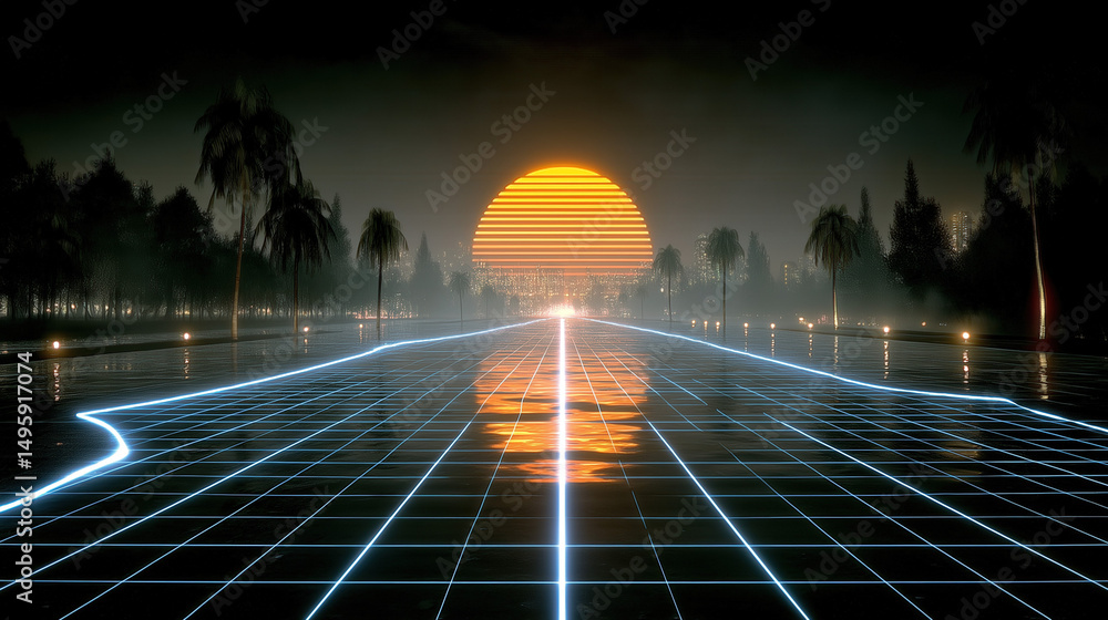 Canvas Prints futuristic tech background with glowing blue grid lines, dark theme, cyberpunk style