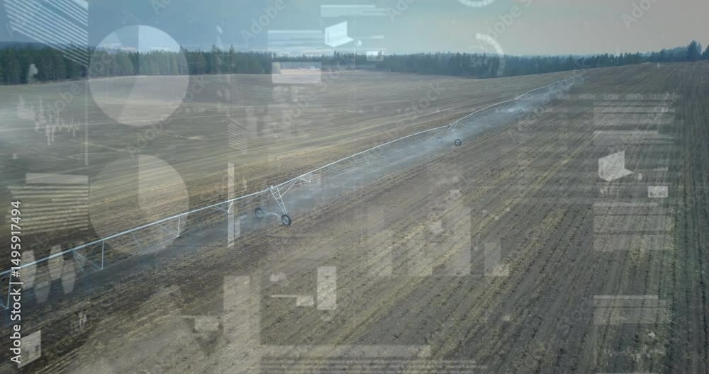 Poster data overlays fading in over field while irrigation arm rotating clockwise, updating water metrics