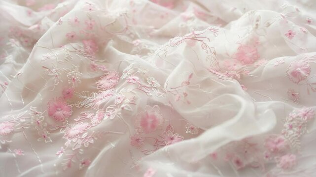 A pale pink floral pattern on lace fabric, pattern with small pink rose flowers and frills, Generative AI Videos.