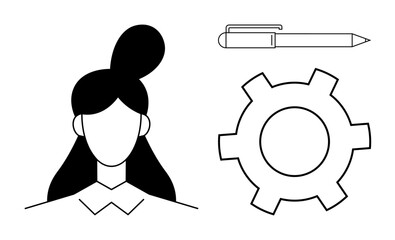 Female profile with collar, pen emphasizing ideas, and gear for process or innovation. Ideal for teamwork, growth strategy, leadership, planning, design, innovation simple landing page