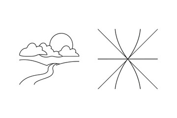 Black and white line drawing of a landscape and a geometric abstract design