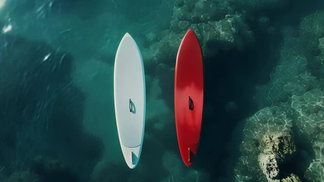 Top view of a white and red colored Stand Up Paddles floating in the water, Generative AI Videos.
