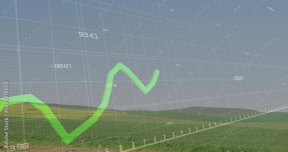Aufkleber neon green line pulsing into view then tracing peaks, troughs across 3d grid showing data growth