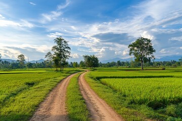 A rainbow spans the rice field and dirt road during the rainy season in the countryside
