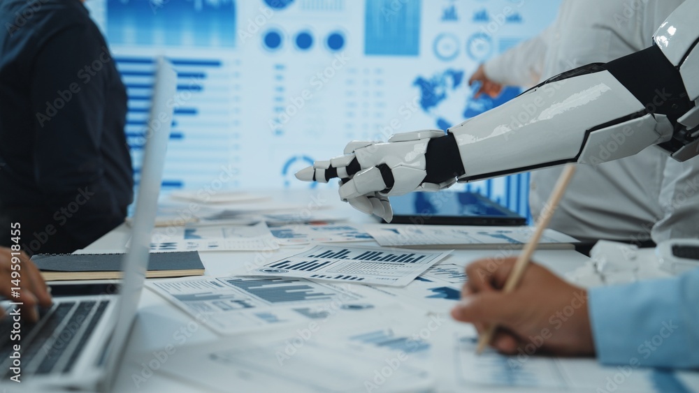 Poster a robotic arm collaborates with human workers in a modern office setting, emphasizing the fusion of 