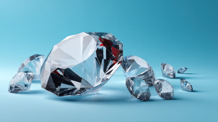 Sparkling faceted diamonds are scattered across a light blue surface with crisp reflections, showcasing their clear brilliance in a minimalist composition.