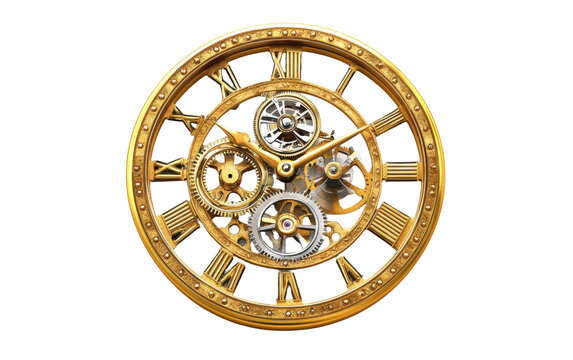 Gold and silver clock with roman numerals and gears