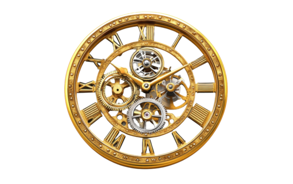 Gold and silver clock with roman numerals and gears