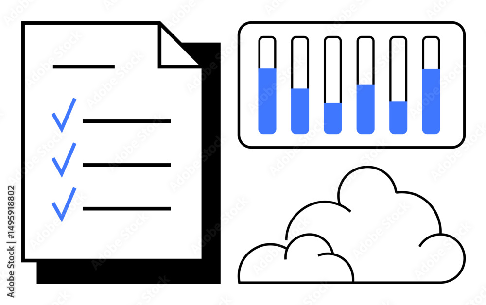 Poster minimal design with a checklist, bar chart for data analysis, and cloud icon for storage. ideal for 