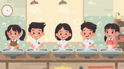 Children washing hands in a school restroom