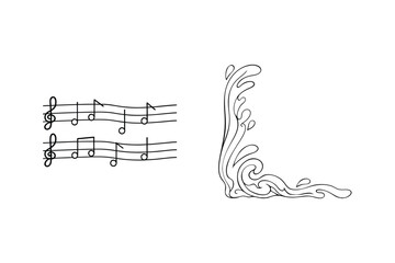 Musical notes and decorative corner elements in hand drawn black and white style