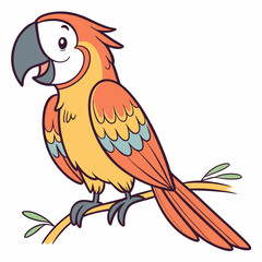 Fototapeta premium Cartoon colorful macaw parrot sitting on a branch.Vector illustration isolated on white background. Side view.