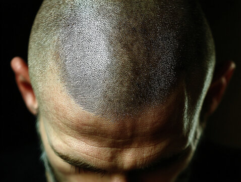 A close-up of a bald man??Ts head from behind