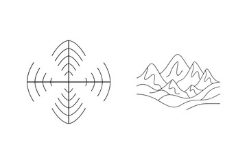 Simple black and white illustration featuring minimalist crosshair and mountain range designs