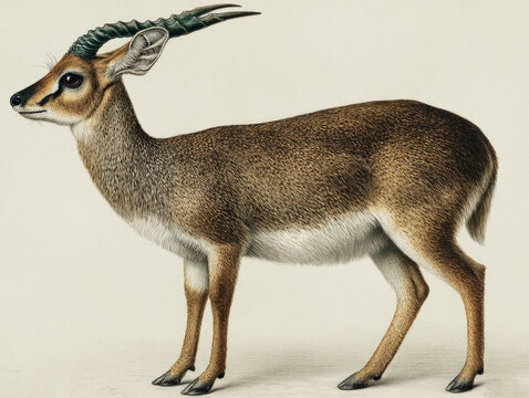 A detailed illustration of the oribi, a small antelope found in Africa