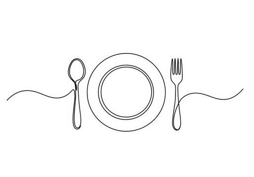Naklejki Plate with spoon and fork line art isolated on white background
