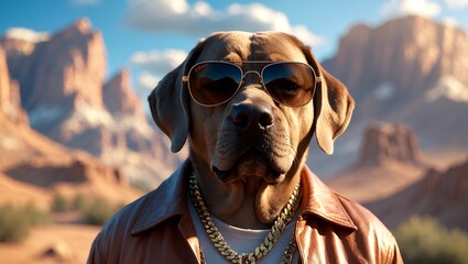 A cinematic landscape with a cool gangsta and dog