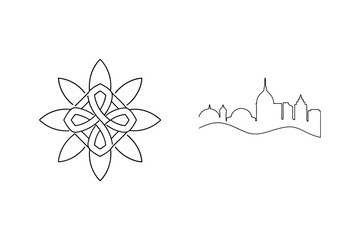 Minimalist line art featuring floral geometric design and architectural skyline silhouettes