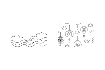 Simple outline drawing of clouds wave shapes and decorative chinese lanterns in black and white
