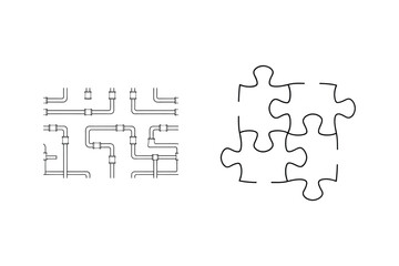 Conceptual illustration of plumbing system and interlocking puzzle pieces on white background
