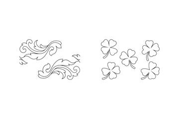 Elegant black and white floral scroll and shamrock leaf outline designs for decoration