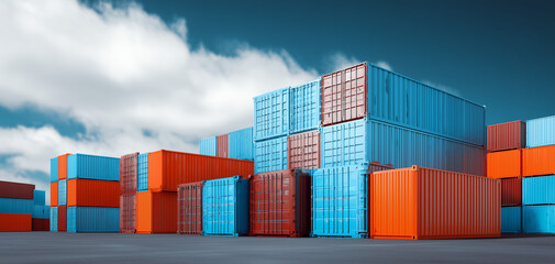 Fototapeta premium Economics and trade theme - foreground stacked containers with defocused port cranes behind