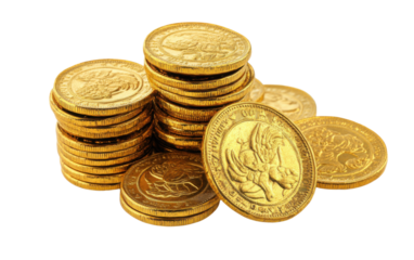 Pile of gold coins with a white background