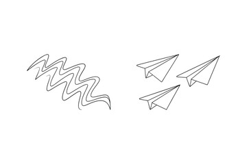 Simple hand drawn paper airplanes and wavy lines on a clean white background illustration