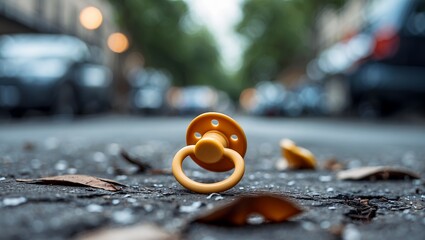 A forgotten baby pacifier abandoned on the street