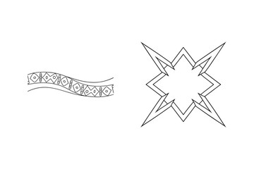 Black and white geometric shapes including patterns and a starburst style design