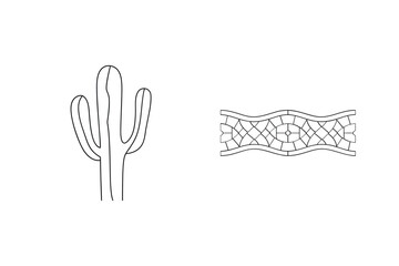 Outline illustration of a desert cactus and a wavy mosaic tile design
