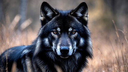 A majestic black wolf staring into the wilderness