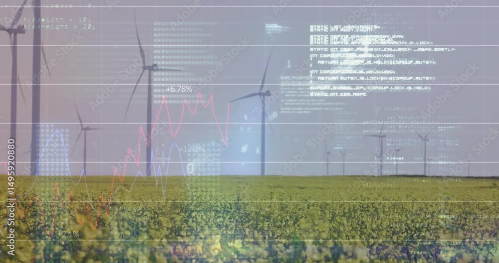 Poster data overlays fading in yellow field, beam scanning turbines, metrics updating showing performance