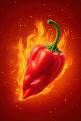 Chilli paprika bursts into flames showcasing fiery essence in hyper realistic style. Solid background enhances vibrant colors and dramatic effects