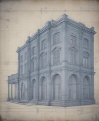 Obraz premium Architectural blueprint overlay on faded photo; textured background, blueprint effect , building, line