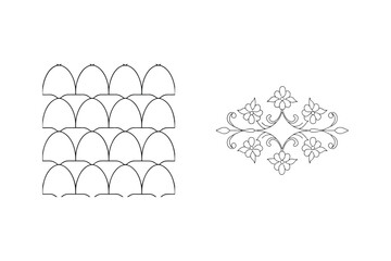 Abstract pattern design of ornamental flowers and geometric shapes in elegant black outline