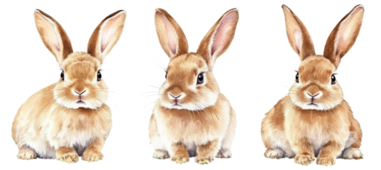 Three Brown Rabbits Watercolor Illustration, Isolated on Transparent Background, Easter Bunny, Cute Animals, Rabbit, Watercolor, Illustration