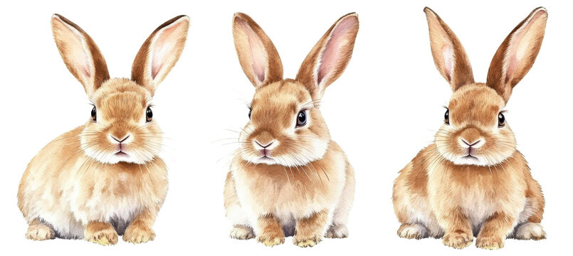 Three Brown Rabbits Watercolor Illustration, Isolated on Transparent Background, Easter Bunny, Cute Animals, Rabbit, Watercolor, Illustration