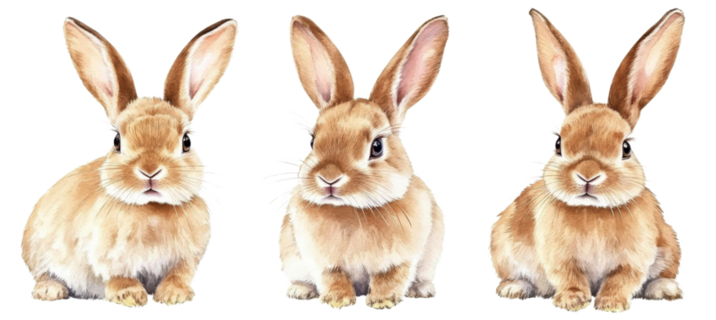 Three Brown Rabbits Watercolor Illustration, Isolated on Transparent Background, Easter Bunny, Cute Animals, Rabbit, Watercolor, Illustration