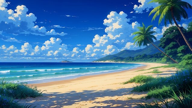 A serene anime beach landscape full of beauty