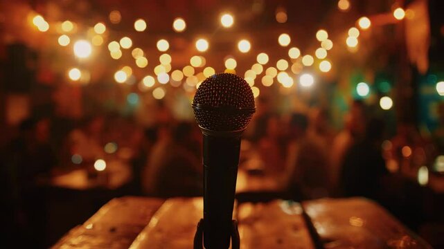 A stand up comedy show in a sea food restaurant, a man whit microphone, Generative AI Videos.